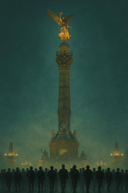 Monumento del Ángel de la Independencia en la Ciudad de México, con soldados marchando a sus pies.