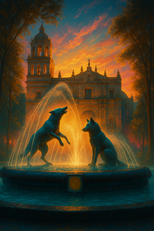 Fuente de los coyotes e Iglesia de San Juan Bautista en Coyoacán, Ciudad de México