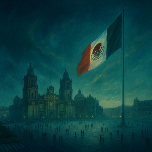 Plancha del Zócalo, bandera y catedral Metropolitana de la Ciudad de México, con un cielo dramático