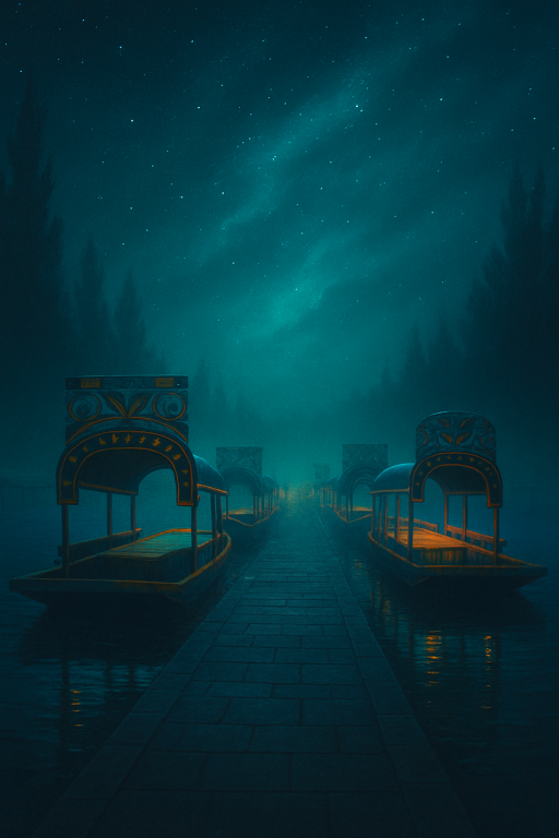 Noche misteriosa en un embarcadero con trajineras coloridas y adornadas en Xochimilco, ciudad de México