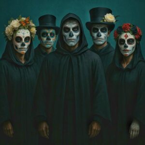 Grupo amenazante de cinco personas (tres hombres y dos mujeres) luciendo máscaras impactantes del Día de muertos.